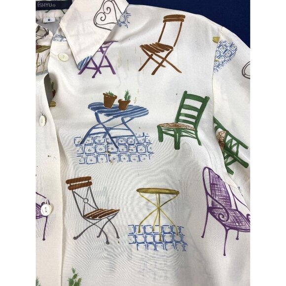 Ishyu Womens 8 Whimsical Silk Button-Down Shirt Colorful Chair Table Print VTG - Picture 13 of 15
